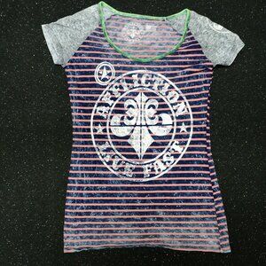 Affliction T Shirt Striped Pink Black Green Collar Women's Medium